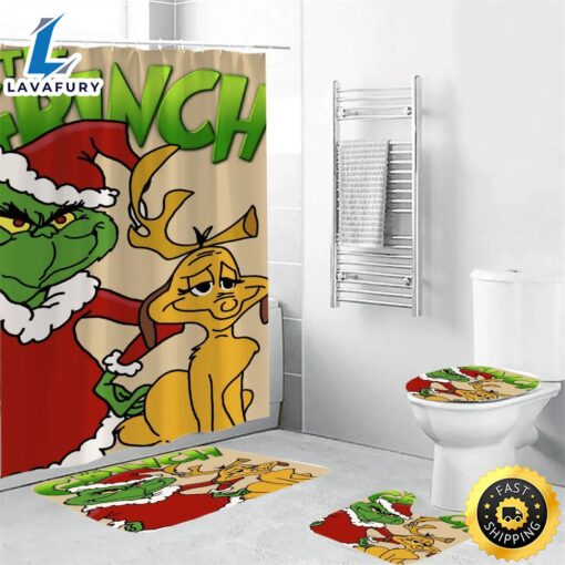 The Grinch Christmas Grinch Max 13 Shower Curtain Non-Slip Toilet Lid Cover Bath Mat – Bathroom Set Fans Gifts