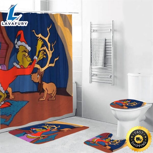 The Grinch Christmas Grinch Max 7 Shower Curtain Non-Slip Toilet Lid Cover Bath Mat – Bathroom Set Fans Gifts