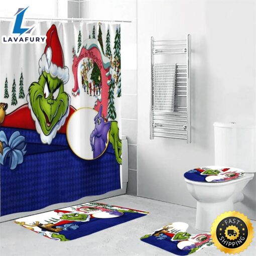 The Grinch Christmas Grinch Max 8 Shower Curtain Non-Slip Toilet Lid Cover Bath Mat – Bathroom Set Fans Gifts