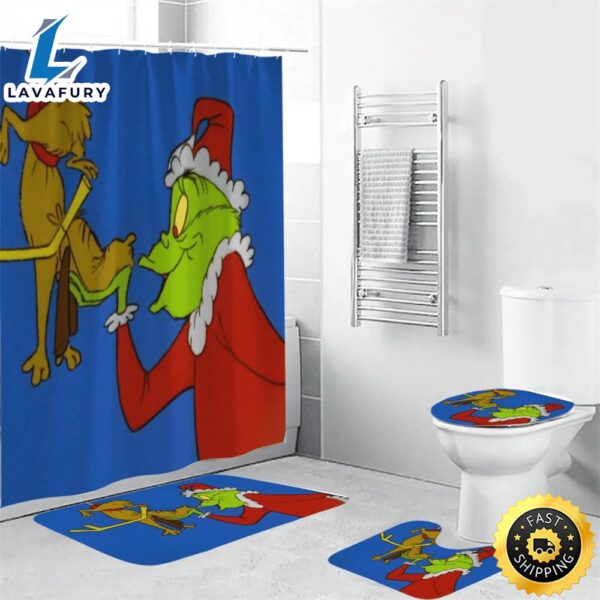 The Grinch Christmas Grinch Max 9 Shower Curtain Non-Slip Toilet Lid Cover Bath Mat – Bathroom Set Fans Gifts
