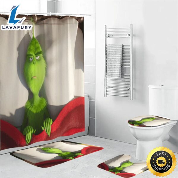 The Grinch Christmas Grinch Sleeping 1 Shower Curtain Non-Slip Toilet Lid Cover Bath Mat – Bathroom Set Fans Gifts