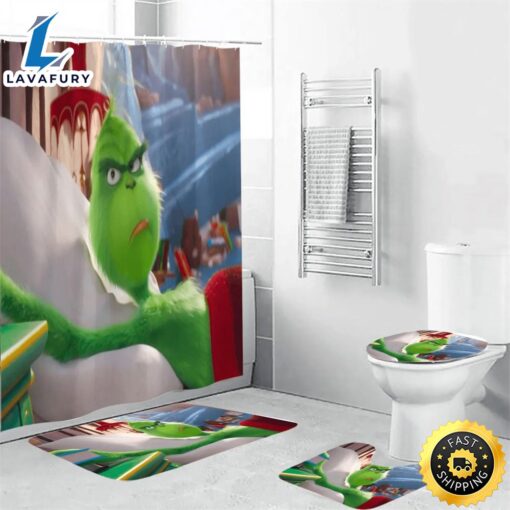 The Grinch Christmas Grinch Sleeping 2 Shower Curtain Non-Slip Toilet Lid Cover Bath Mat – Bathroom Set Fans Gifts