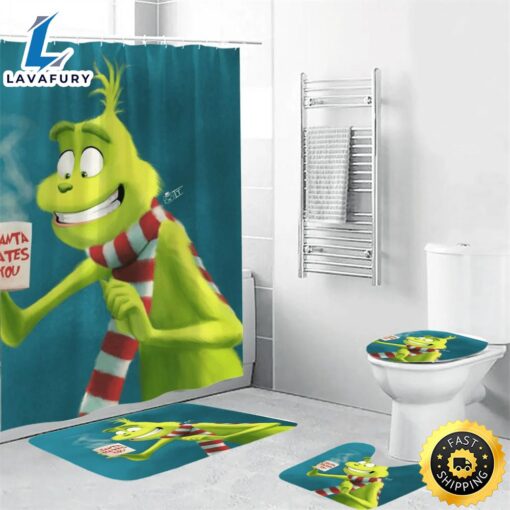 The Grinch Christmas Grinch With Coffee-Cup Shower Curtain Non-Slip Toilet Lid Cover Bath Mat – Bathroom Set Fans Gifts