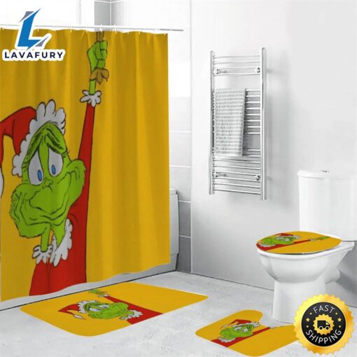 The Grinch Christmas Grinch Yellow 1 Shower Curtain Non-Slip Toilet Lid Cover Bath Mat – Bathroom Set Fans Gifts