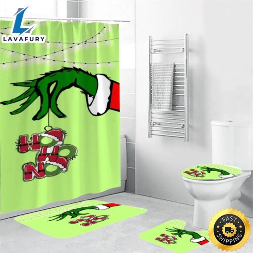 The Grinch Christmas Ho Ho No 1 Shower Curtain Non-Slip Toilet Lid Cover Bath Mat – Bathroom Set Fans Gifts