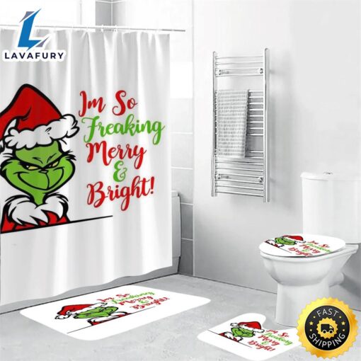 The Grinch Christmas I’m So Freaking Shower Curtain Non-Slip Toilet Lid Cover Bath Mat – Bathroom Set Fans Gifts