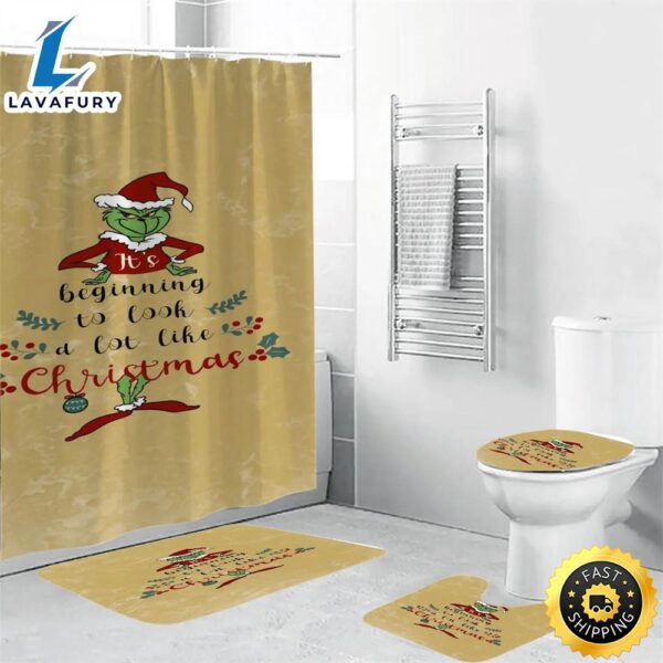 The Grinch Christmas It’s Begining Shower Curtain Non-Slip Toilet Lid Cover Bath Mat – Bathroom Set Fans Gifts