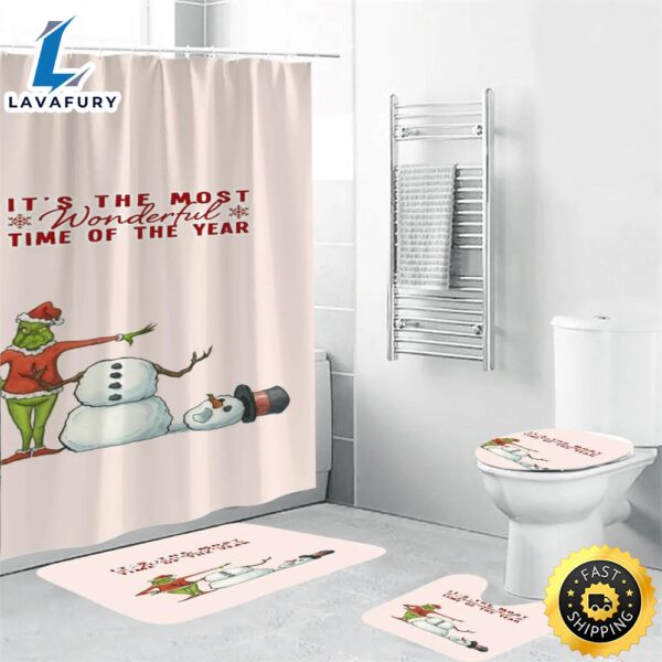The Grinch Christmas It’s The Most Wonderful Time Shower Curtain Non-Slip Toilet Lid Cover Bath Mat – Bathroom Set Fans Gifts