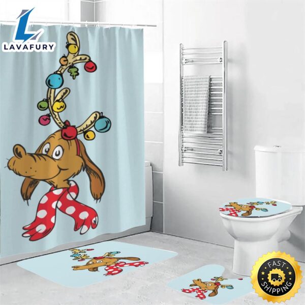 The Grinch Christmas Max 1 Shower Curtain Non-Slip Toilet Lid Cover Bath Mat – Bathroom Set Fans Gifts