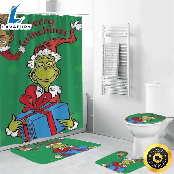 The Grinch Christmas Merry Grinchmas 1 Shower Curtain Non-Slip Toilet Lid Cover Bath Mat – Bathroom Set Fans Gifts
