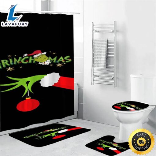 The Grinch Christmas Merry Grinchmas 2 Shower Curtain Non-Slip Toilet Lid Cover Bath Mat – Bathroom Set Fans Gifts