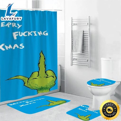 The Grinch Christmas Merry Xmas 1 Shower Curtain Non-Slip Toilet Lid Cover Bath Mat – Bathroom Set Fans Gifts