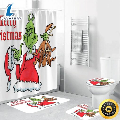 The Grinch Christmas Merry Xmas 2 Shower Curtain Non-Slip Toilet Lid Cover Bath Mat – Bathroom Set Fans Gifts