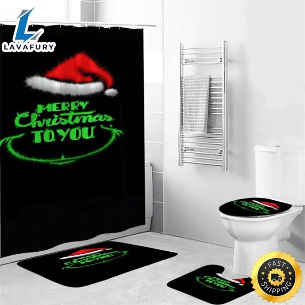 The Grinch Christmas Merry Xmas 3 Shower Curtain Non-Slip Toilet Lid Cover Bath Mat – Bathroom Set Fans Gifts