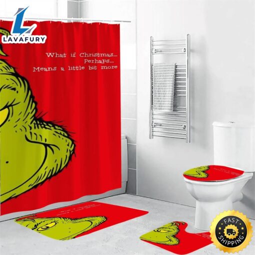 The Grinch Christmas What If Christmas Shower Curtain Non-Slip Toilet Lid Cover Bath Mat – Bathroom Set Fans Gifts