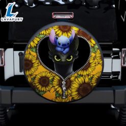 Toothless And Stitch Sunflower Zipper Car Spare Tire Covers Gift For Campers