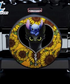 Toothless And Stitch Sunflower Zipper Car Spare Tire Covers Gift For Campers