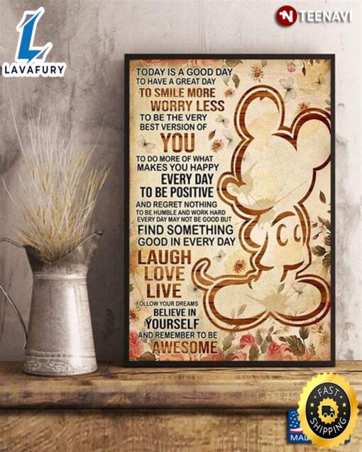 Valentine Day Vintage Floral Disney Mickey Mouse Today Is A Good Day To Have A Great Day To Smile More Canvas Poster