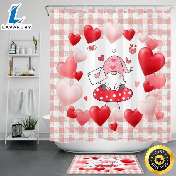 Valentine Gnome Hearts Shower Curtains Valentine Bathroom Decor Girlfriend Gift Idea