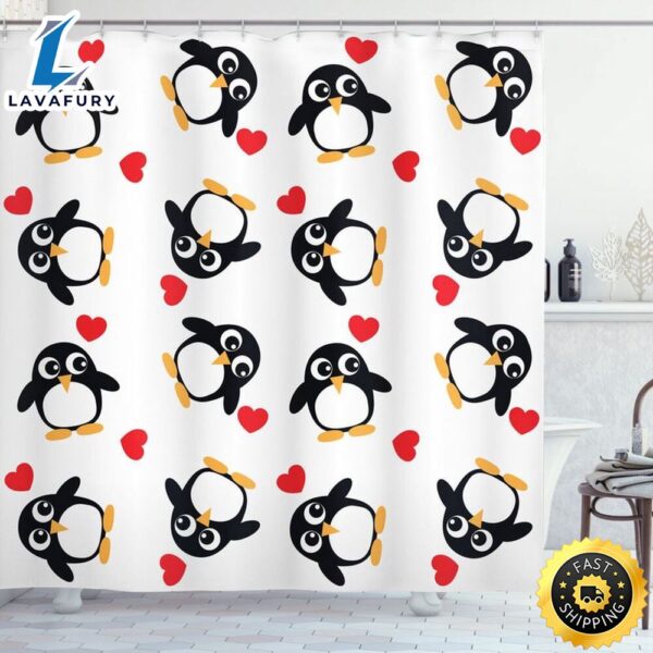Valentine Penguin Pattern Shower Curtains Gift For Penguins Lovers Romancecore Bathroom Home Decor