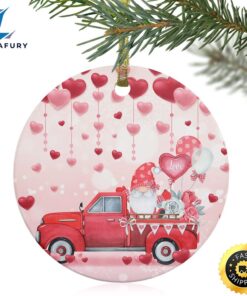 Valentine’s Day Pink Truck Gnome Love Heart Round Ornament