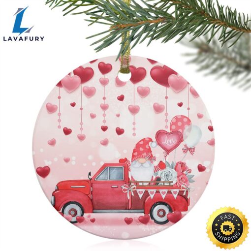 Valentine’s Day Pink Truck Gnome Love Heart Round Ornament