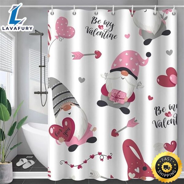 Valentine’s Day Shower Curtain, Romantic Cute Gnome Couple Pink Heart Valentines Day Shower Curtains For Bathroom Decor