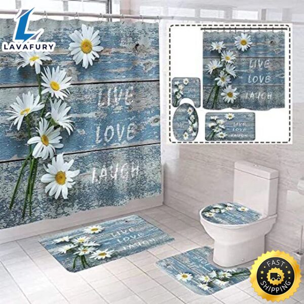 Valentines Live Love Laugh Shower Curtains Bathroom Set Daisy Flower Bathroom Decoration Gift For Family