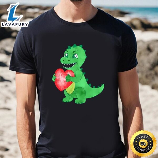 Watercolor Green Dinosaur Hold Heart Valentine T-Shirt