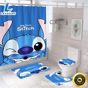 We Love Lilo & Stitch Waterproof Shower Curtain Bathroom Mat Rug Toilet Cover Mat