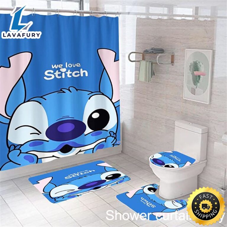 We Love Lilo And Stitch Waterproof Shower Curtain Bathroom Mat Rug Toilet