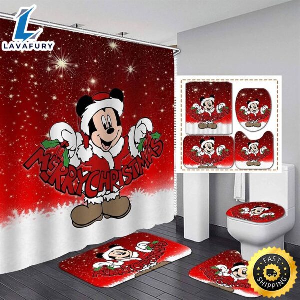 Xmas Mickey Minnie Mouse Bathroom Set Shower Curtain Bath Mat Toilet Lid Cover