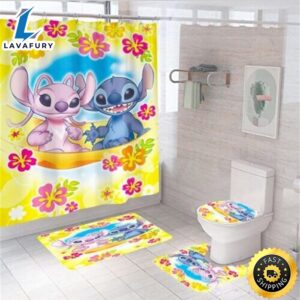Yellow Lilo Stitch Cartoon Gift Waterproof Shower Curtain Toilet Cover Mat Lid Set 4pcs