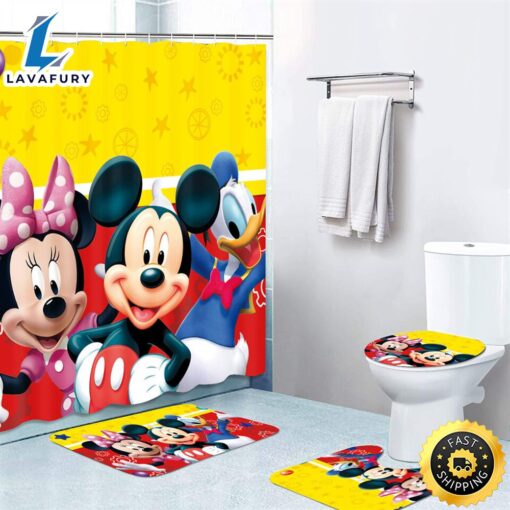 Yellow Mickey Minnie Mouse Bathroom Set Shower Curtain Bath Mat Toilet Lid Cover