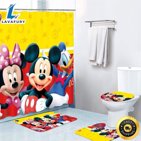 Yellow Mickey Minnie Mouse Bathroom Set Shower Curtain Bath Mat Toilet Lid Cover