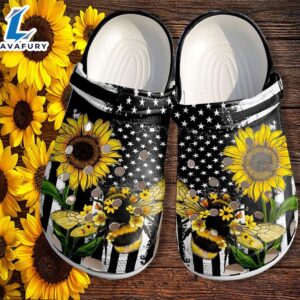 Bee Sunflower America Flag Shoes Gift Women Mother Day 4th Of July Bee Kind Shoes Croc Clogs