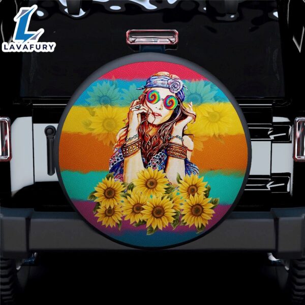 Boho Girl Sunflower Car Spare Tire Covers Gift For Campers