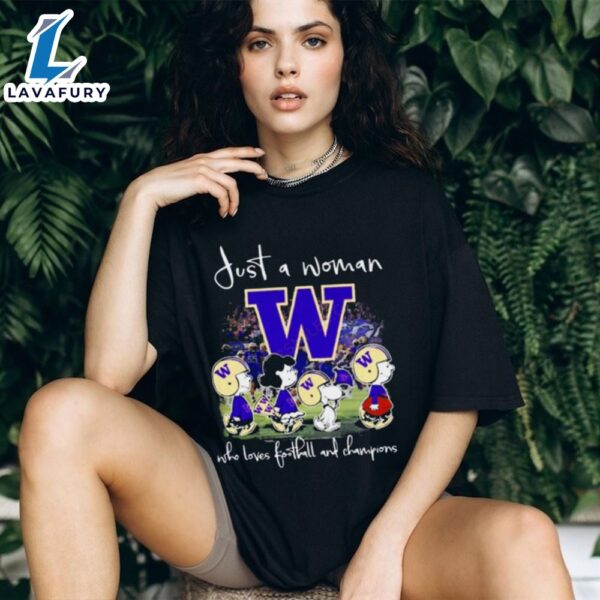 Snoopy And Friend Washington Huskies Football Just A Woman Who Loves Football And 2024 Shirt