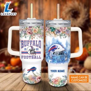 Custom Name Bills Helmet Flame Pattern 40oz Stainless Steel Tumbler with Handle and Straw Lid