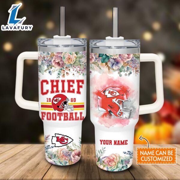Custom Name Chiefs Helmet Flame Pattern 40oz Stainless Steel Tumbler with Handle and Straw Lid