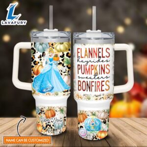 Custom Name Cinderella Princess Flannels Pumpkins Bonfires Pattern 40oz Stainless Steel Tumbler with Handle and Straw Lid