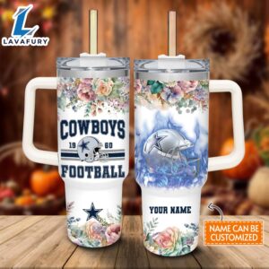 Custom Name Cowboys Helmet Flame Pattern 40oz Stainless Steel Tumbler with Handle and Straw Lid