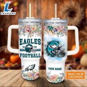 Custom Name Eagles Helmet Flame Pattern 40oz Stainless Steel Tumbler with Handle and Straw Lid