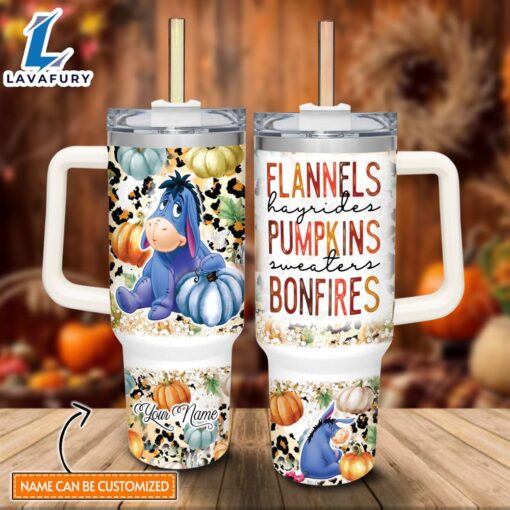 Custom Name Eeyore Flannels Pumpkins Bonfires Pattern 40oz Stainless Steel Tumbler with Handle and Straw Lid