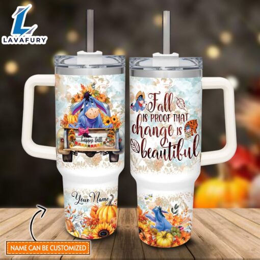 Custom Name Eeyore Happy Fall Pumpkin Flower Pattern 40oz Tumbler with Handle and Straw Lid