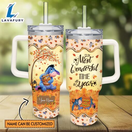 Custom Name Eeyore Most Wonderful Time Fall Leaf Pattern 40oz Stainless Steel Tumbler with Handle and Straw Lid