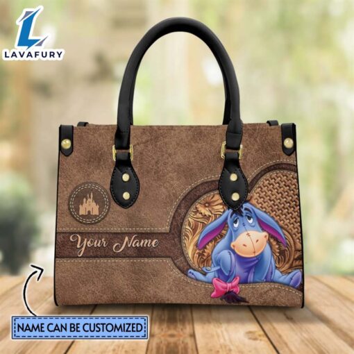 Custom Name Eeyore Pattern Brown Leather Premium Leather Handbag