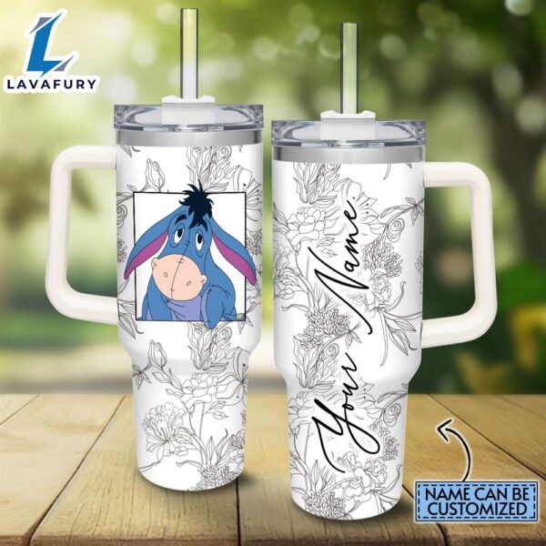 Custom Name Eeyore Sketch Flower Pattern White 40oz Stainless Steel Tumbler with Handle and Straw Lid