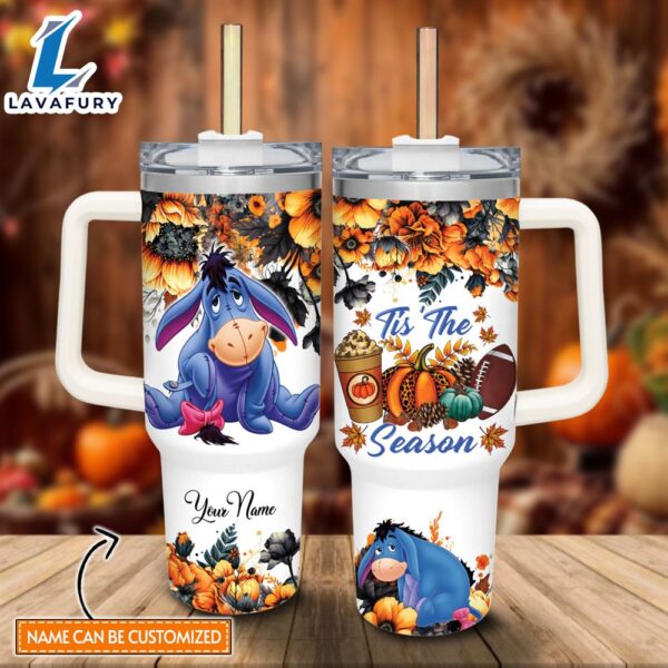 Custom Name Eeyore Tis The Season Fall Leaf Pattern 40oz Stainless Steel Tumbler with Handle and Straw Lid