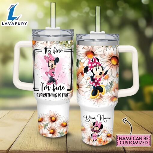 Custom Name Everything Is Fine Minnie Mouse Daisy Flower Pattern 40oz Stainless Steel Tumbler with Handle and Straw Lid